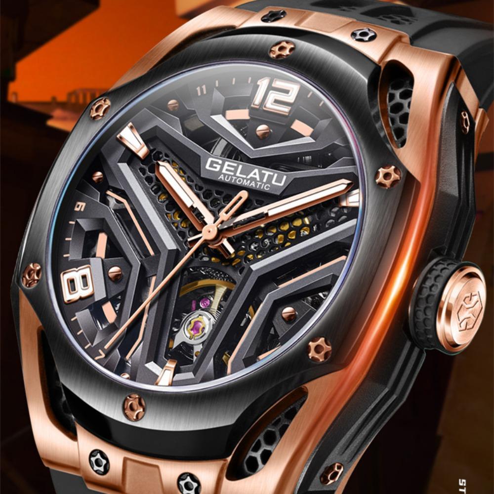 GELATU новые лучшие мужские часы с силиконовым ремешком, водонепроницаемые деловые автоматические механические часы, мужские часы с полым циферблатом