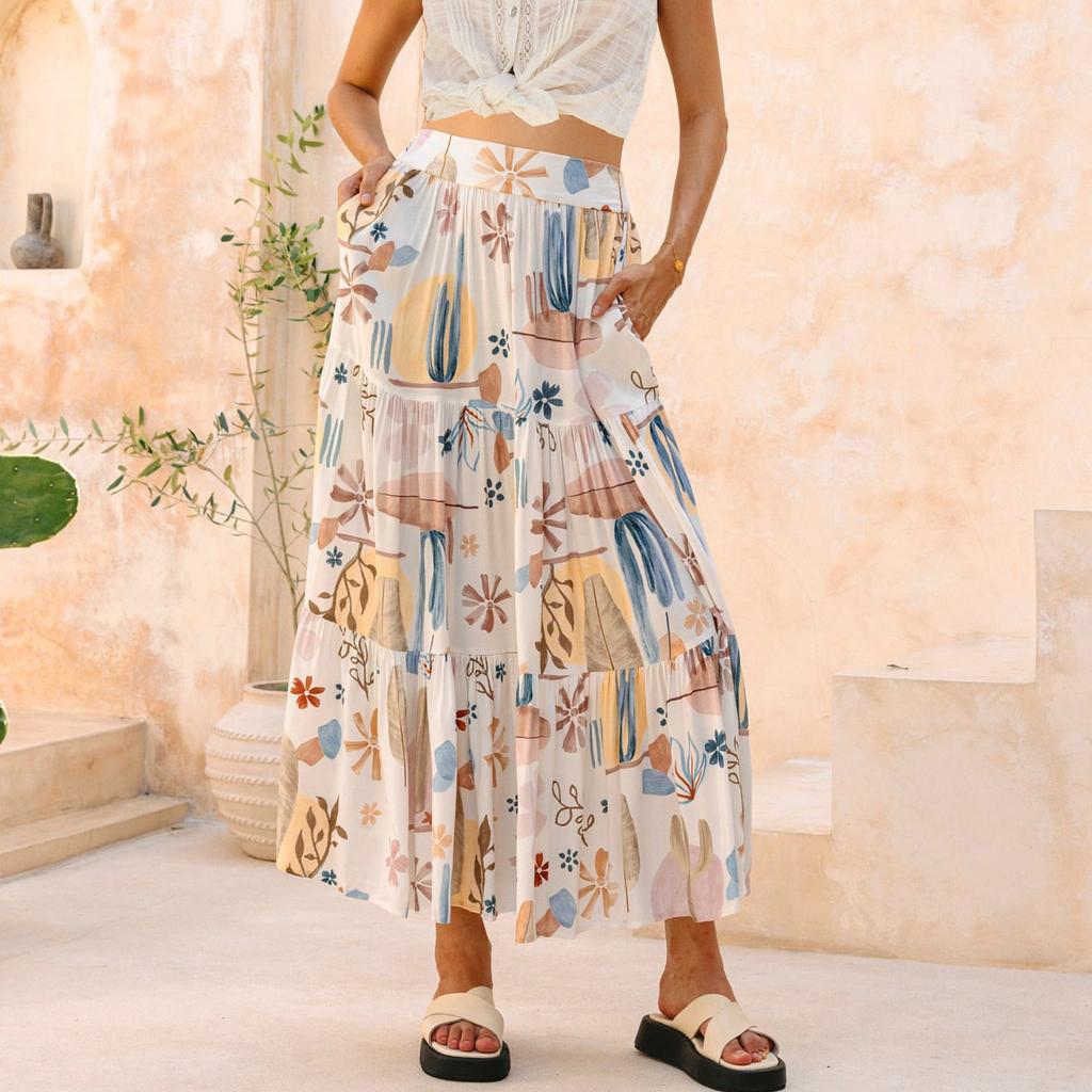 Женские юбки макси с цветочным принтом, летние платья-трубы, длинная плиссированная пляжная юбка А-силуэта