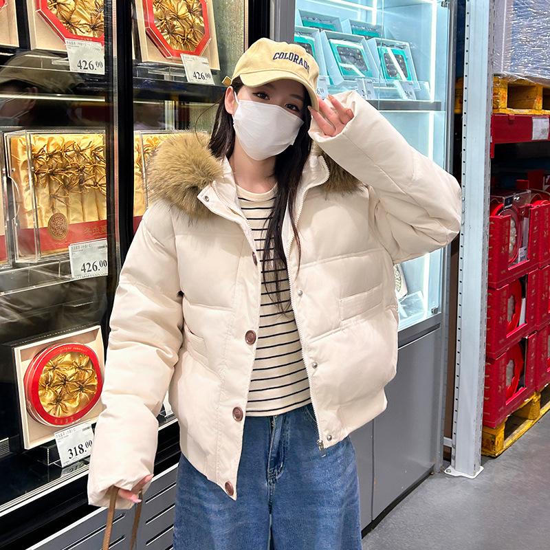 Большой меховой воротник короткая пуховая хлопковая куртка женская зима 2025 новая свободная утолщенная зимняя