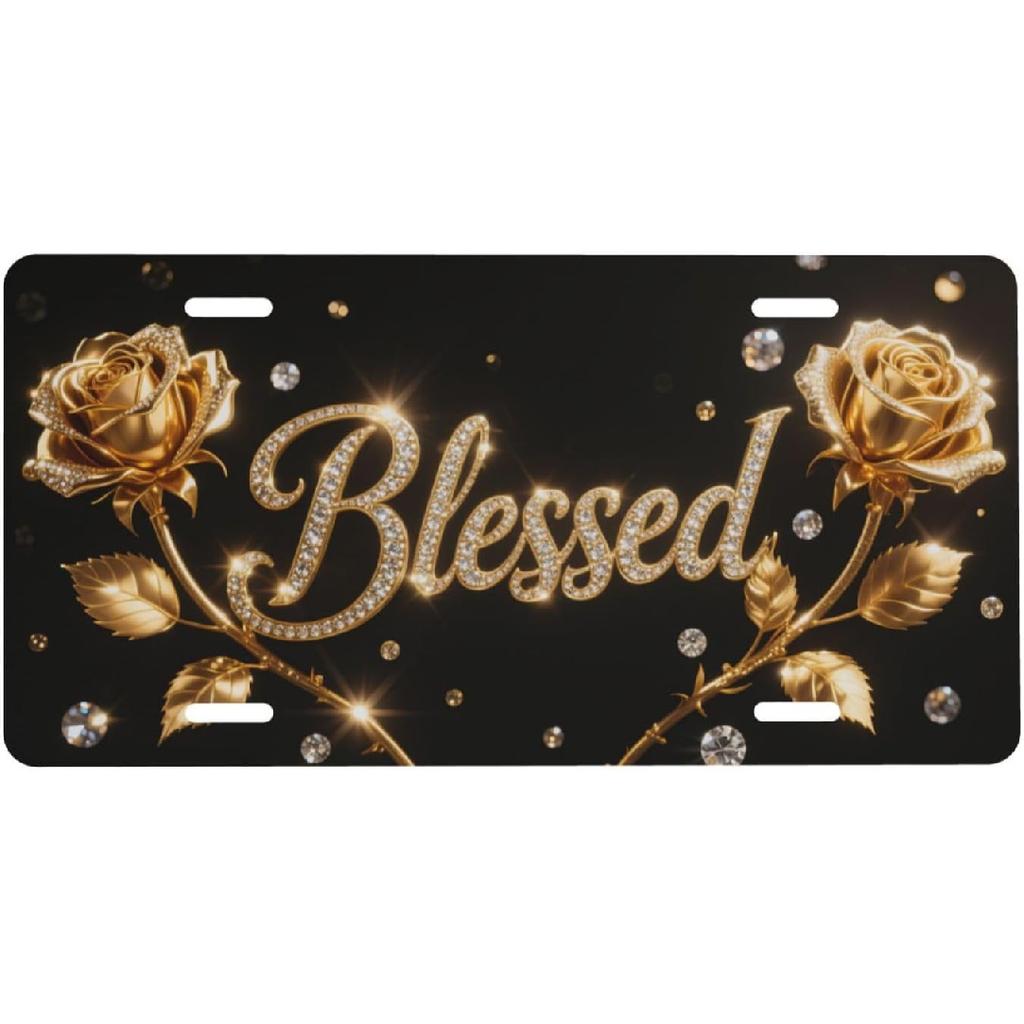 Gold Rose Blessed Front License Plate for Women Car Vanity Plates Decorative Aluminum Metal Cute Novelty License Plate Cover for Men 6x12 Inch (4