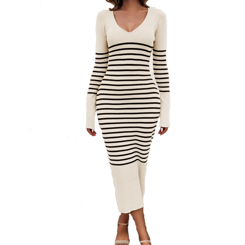 Женское повседневное модное сексуальное удобное полосатое платье с длинным рукавом