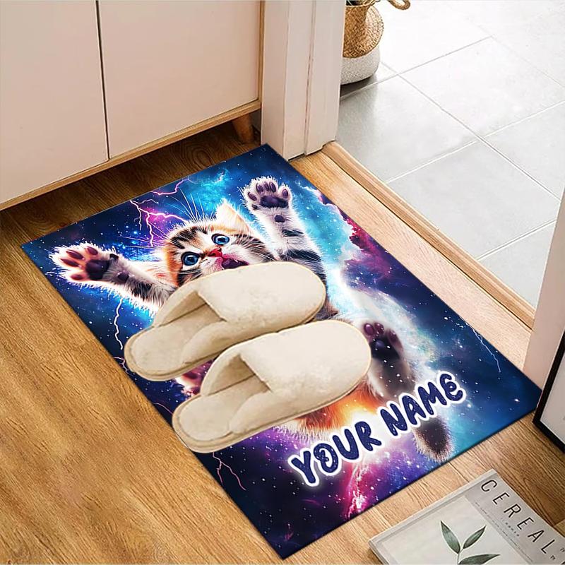 1PC Custom Name Space Kitten Adventure Theme Floor Mat Ideal for Living Room, Game Rooms, Office, Bedroom,Floor Mat Playful Design