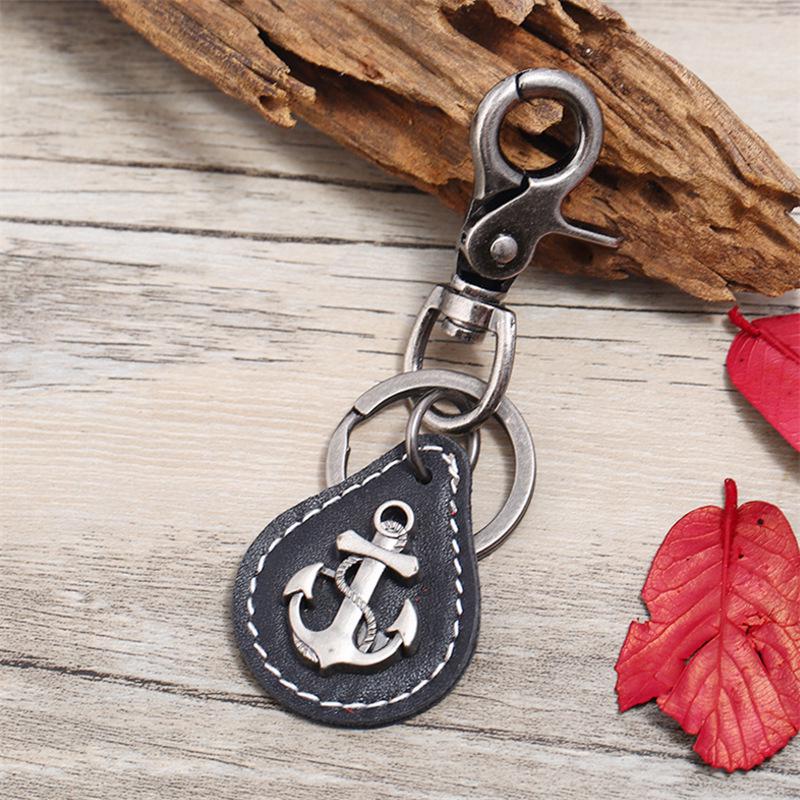 European-American Retro Men's Alloy Anchor Cowhide Keychain - Genuine Leather Gift