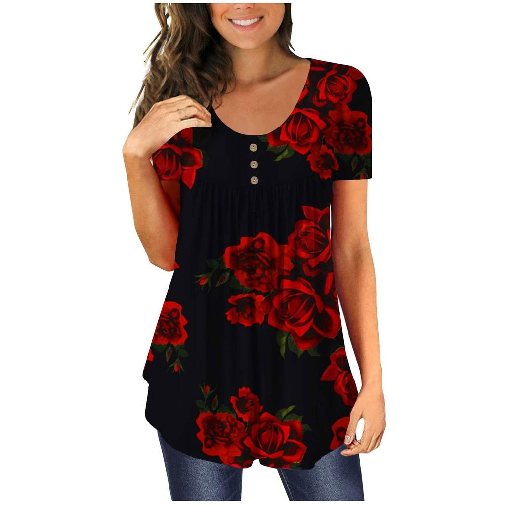 Женская туника с коротким рукавом, свободные топы, повседневные топы больших размеров, плиссированные футболки-туники на пуговицах