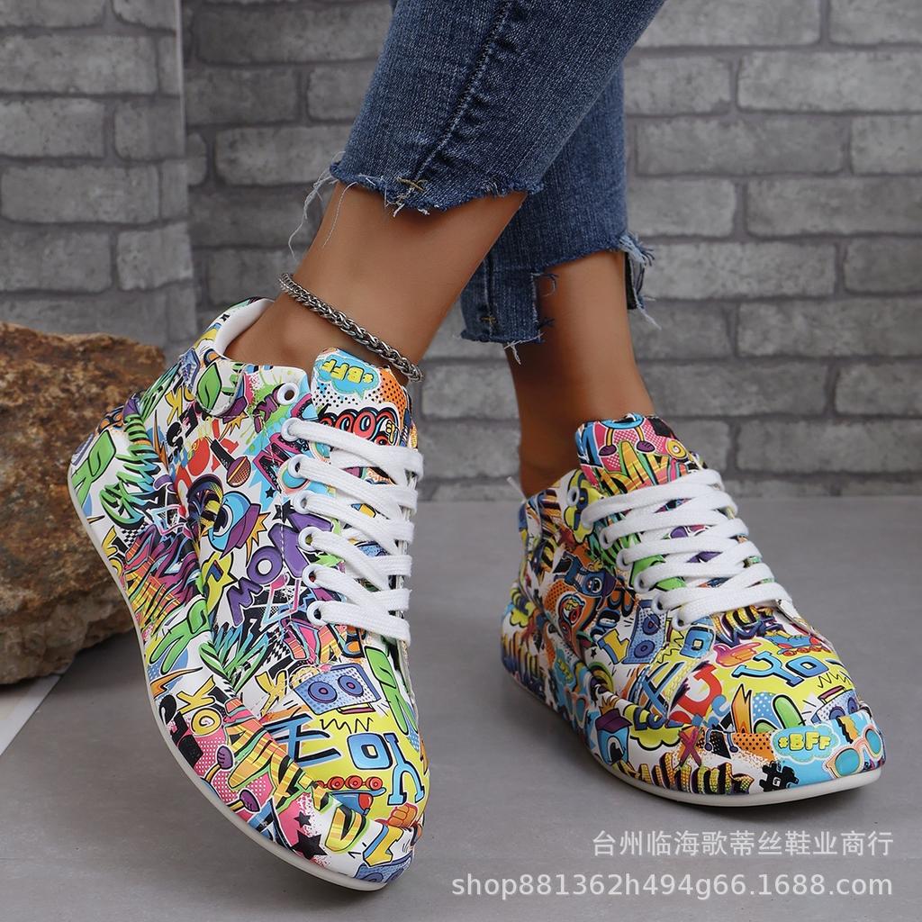 Fashion Plus Size 43 Women Sneakers Thick-soled Shoes Summer Hand-painted Graffiti Shoes Outdoor Casual Women Sneakers Zapatos De Mujer