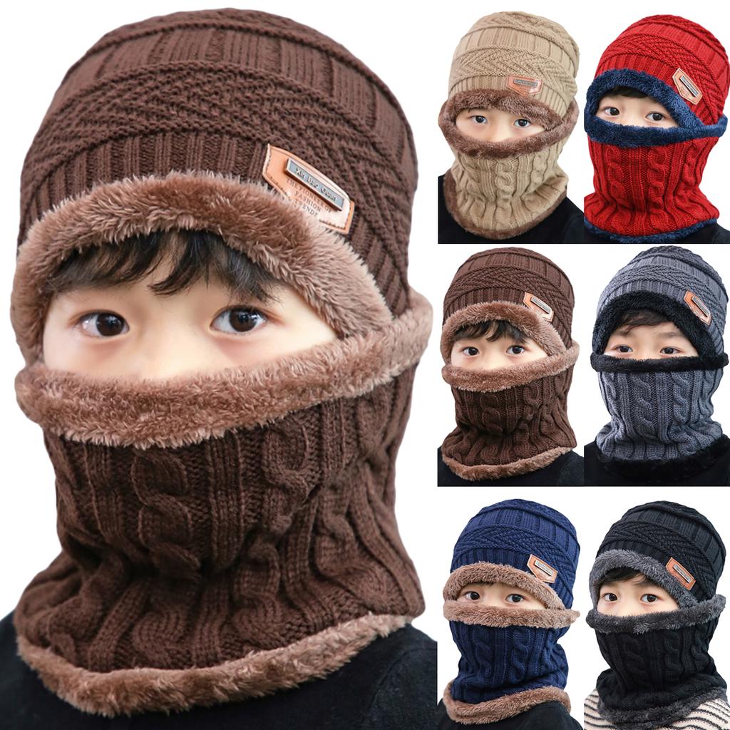 Children's Arrow Cap Winter Warm Boy Girl Knit Hat Scarf Ski Collar Mask Cotton Plus Velvet Beanie