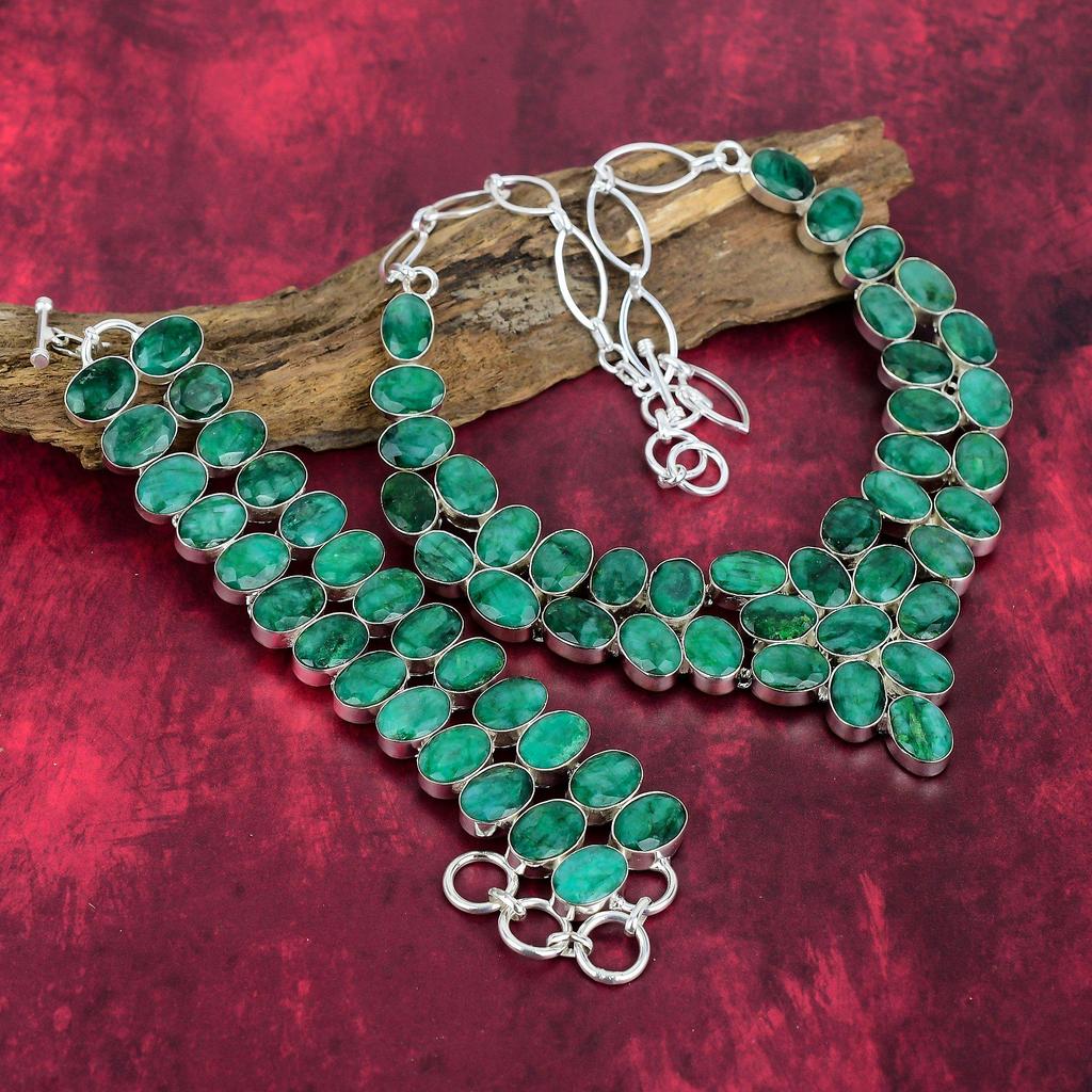 Emerald Gemstone Jewelry, Handmade 925 Solid Sterling Silver Jewelry, Necklace & Bracelet Jewelry Set For Thanksgiving Gift
