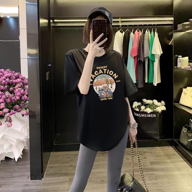 Butt Cover Top Loose Black Cotton Round Neck Short-sleeved T-shirt for Women In Summer Curved Hem Slit Medium Length