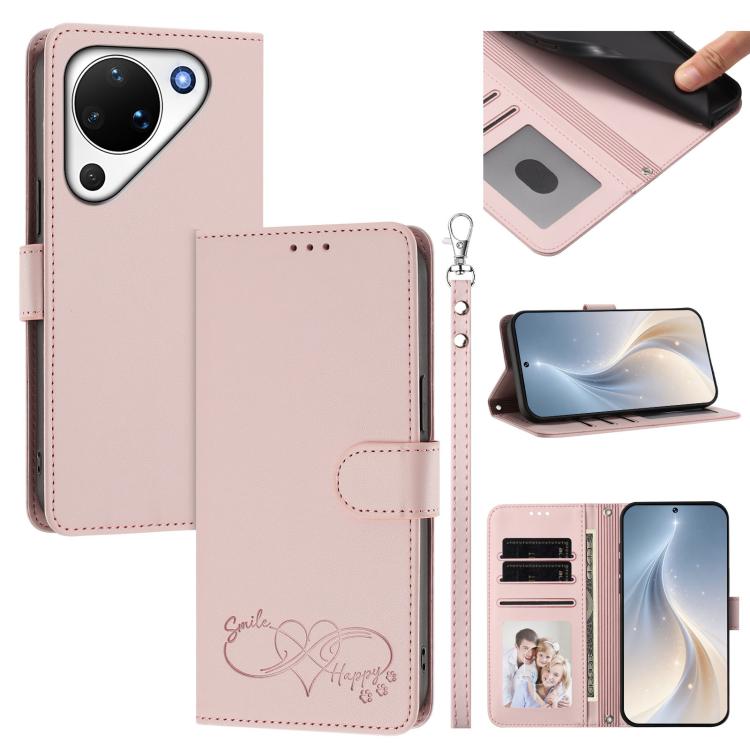 Happy Heart Pattern Magnetic Closure Vegan Leather Phone Case with Wrist Strap For Huawei Mate 60