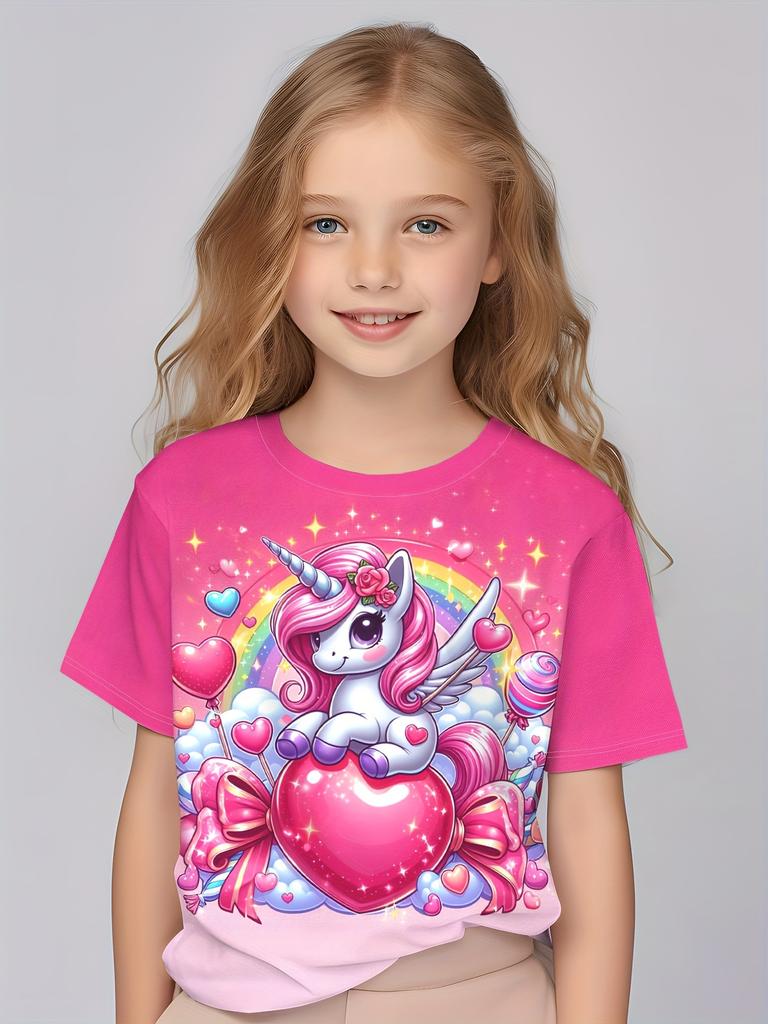 Детская одежда для девочек, симпатичная футболка с короткими рукавами и 3D-принтом, удобный повседневный топ с круглым вырезом