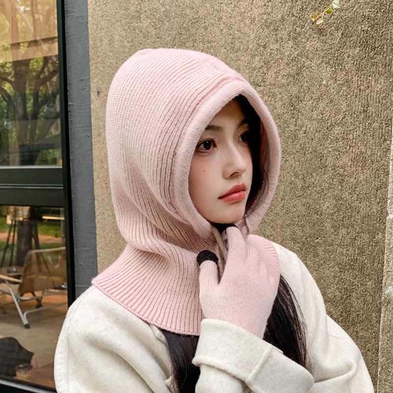 Winter Outdoor Warmer Balaclava Hats Women Girls Knitted Hooded Hats Scarf and Gloves Set Drawstring One-piece Neck Collar Beanies Caps