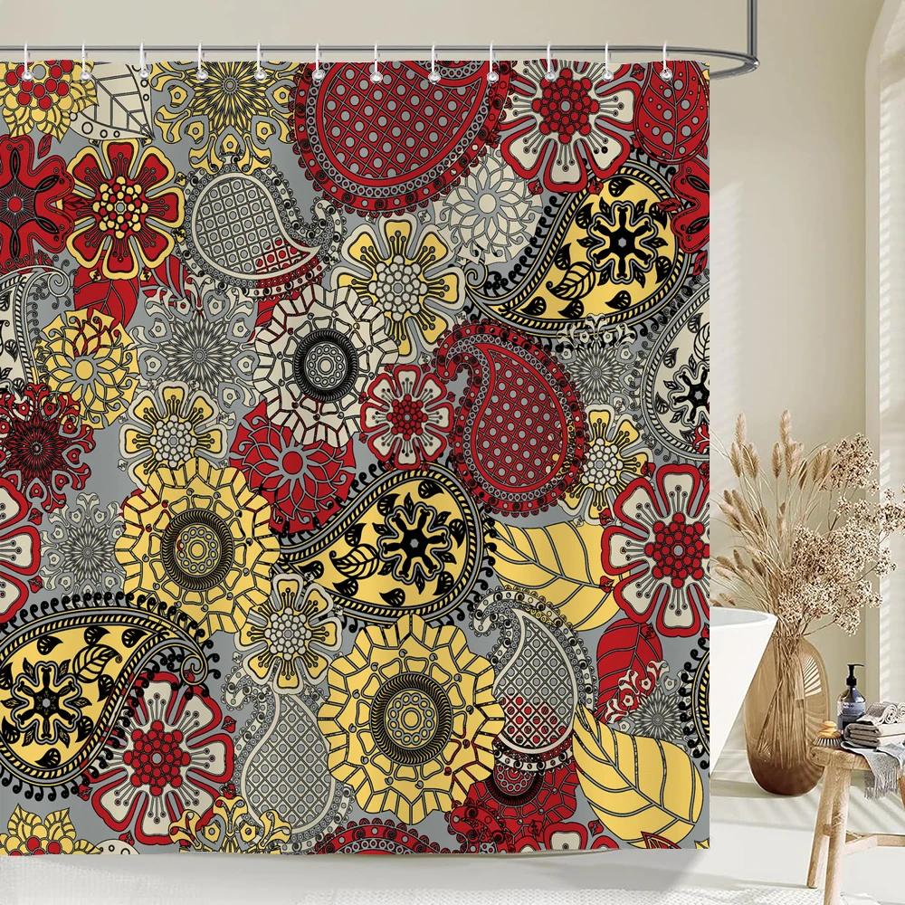 Indian Bohemian Fabric Shower Curtain Bathroom Curtains Boho Mandala Waterproof Fabric Bath Screen Bathtub Decor with 12 Hooks