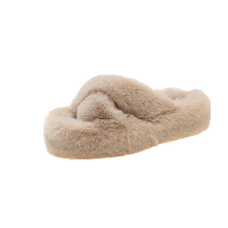 2025 новая мода осень-зима корейская версия тапочек Мао Мао женская одежда толстая подошва крест интернет знаменитости теплые хлопковые тапочки из кроличьей шерсти