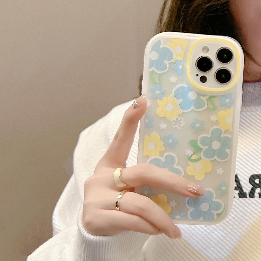 Cute Oil Painting Blue Flower Phone Case for iPhone Aesthetic Floral Strawberry Shockproof Cover, Soft Silicone Protective Case for Women Girls