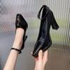 Fashion Korean Fashion High Heels Women's Block Heel 2025 Spring New Metal Square Toe Versatile Buckle Slip Shoes