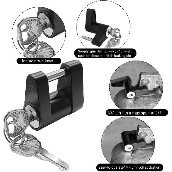 Trailer Tongue Coupler Lock, Trailer Hitch Lock, Dia 1/4 Inch, 3/4 Inch Span Black Hitch Coupler Arm Padlock with Keys, Heavy Duty Zinc Alloy Tongue
