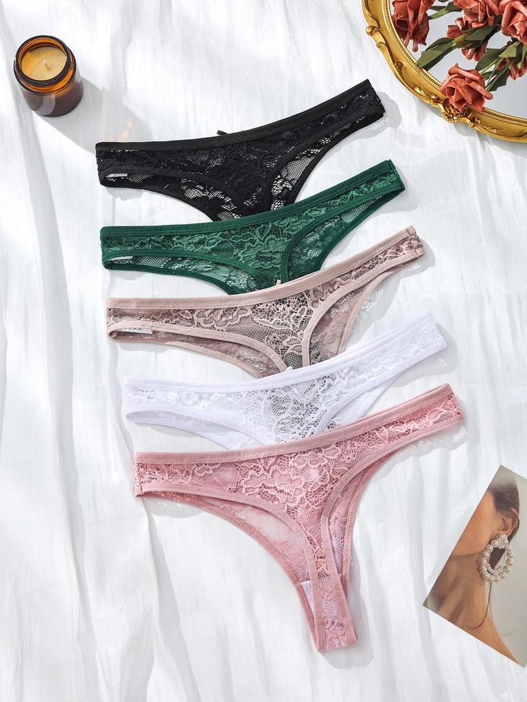 5Pcs/Set Women Thongs Sexy Lace Panties Low Waist Underwear Girls Briefs G-String Breathable Ladies Panty Floral Female Lingerie