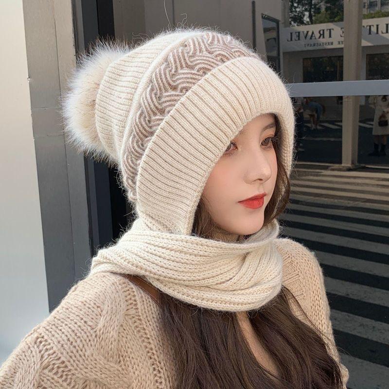 Hat and Scarf Integrated Women's Winter Warm Versatile Autumn and Winter Wool Hat Fashion Trendy Velvet Winter Knitted Hat