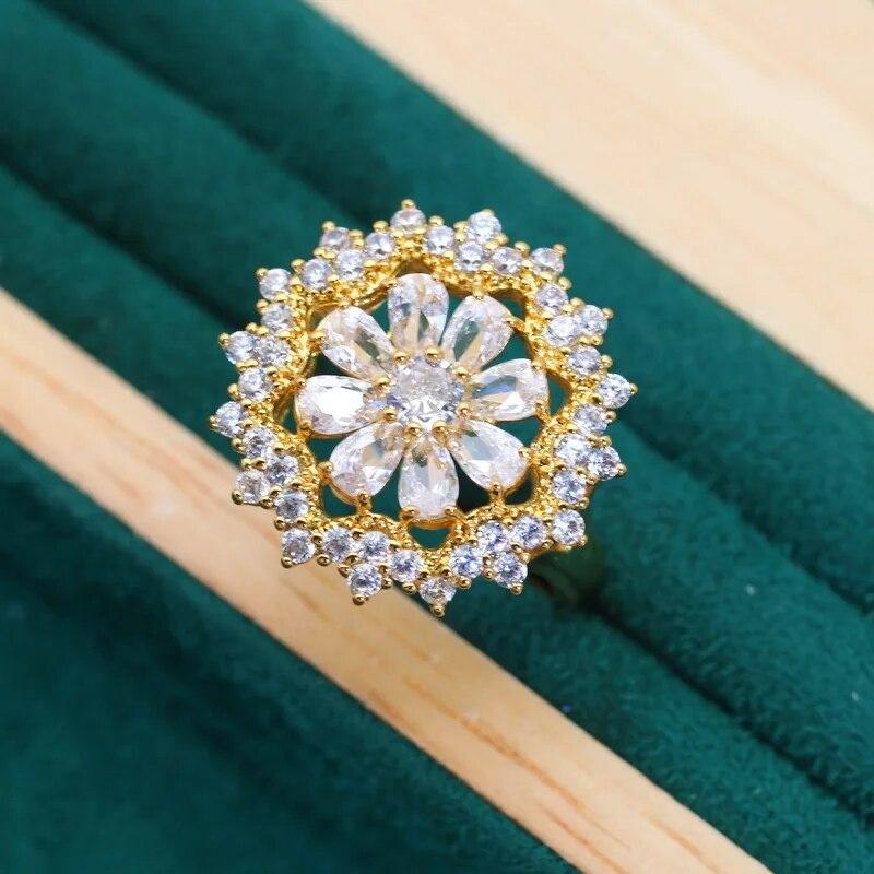 Белый Циркон Золотой Цвет Ювелирные Наборы для Женщин Свадебный Браслет Серьги Ожерелье Подвеска Кольцо Праздничный Подарок