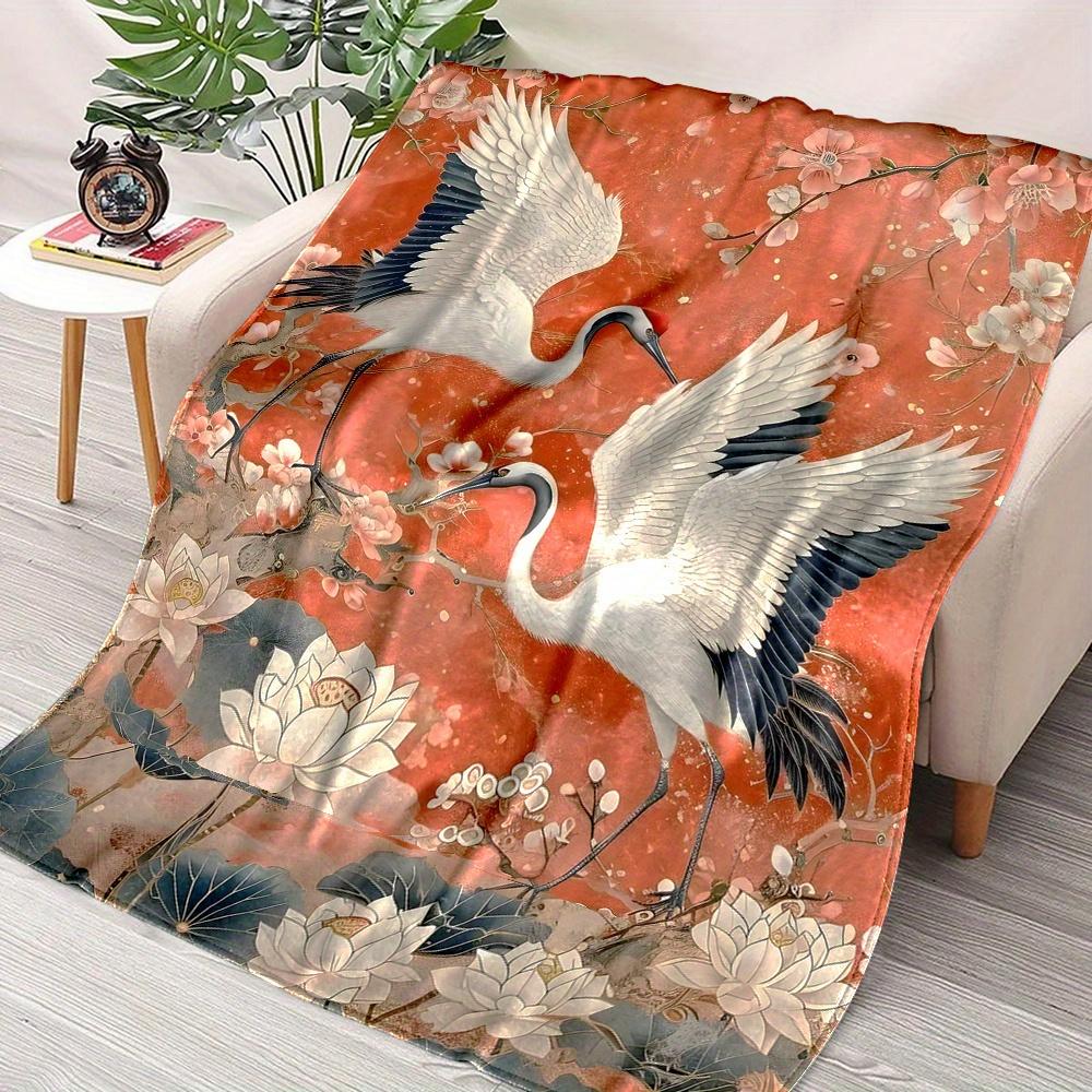 Flannel Throw Blanket with White Crane and Lotus Design, Digital Print Soft Polyester Flannel, Reversible, Non-Woven, No Pilling
