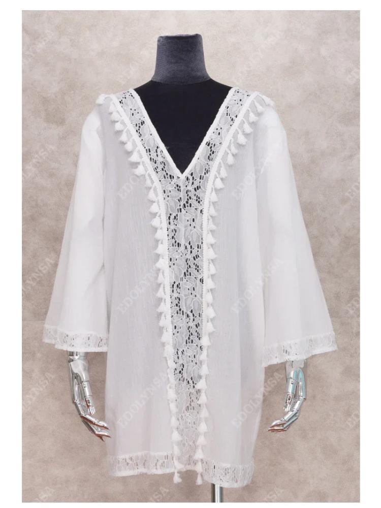 EDOLYNSA Белая шифоновая кружевная туника с кисточками, пляжная накидка, мини-платье, летняя женская пляжная одежда, купальный костюм, накидка, саронг Q1147