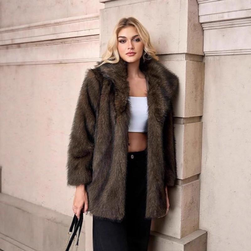 Womens Mid-Length Faux Fox Fur Coat Warm Loose Fluffy Winter Outerwear