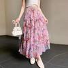 Elegant Fairy Printed Tulle Long Skirt Fashion Irregular Elastic Waist Floral Pleated A-line Skirt