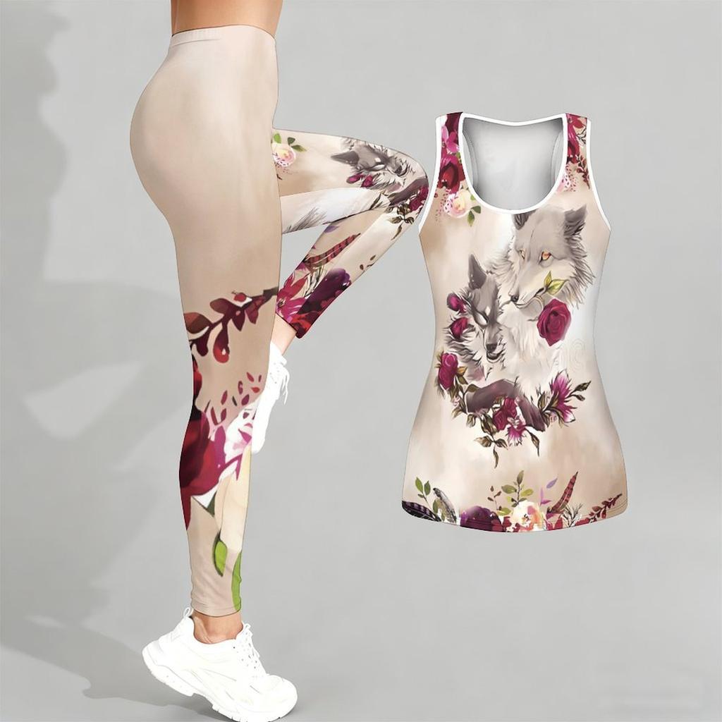 Йога-комплект с принтом «Тотем волка» для женщин Модные леггинсы для тренировок Фитнес Спортивный повседневный набор для йоги Спортивный костюм
