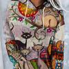 Cat Geometric Pattern Hooded Sweatshirt Autumn Winter Long Sleeves Drawstring Sporty Sweatshirt Women's Activewear Streetwear