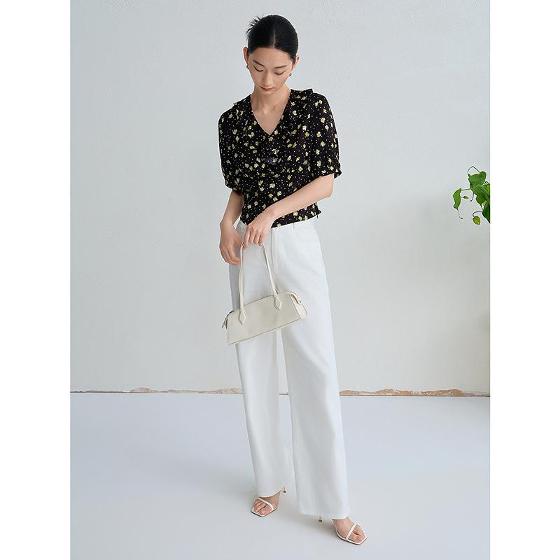 JUZUI elegant temperament lotus leaf V-neck printed top women's summer new item