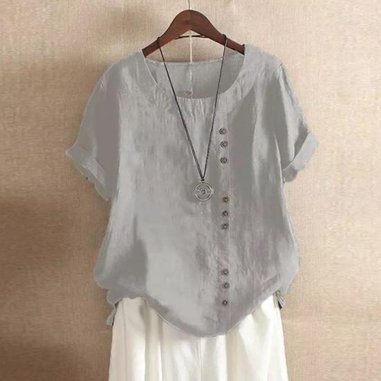 Women Casual Tops O-Neck Short Sleeve Buttons Decor Tee Shirt Loose Fit Solid Color Pullover