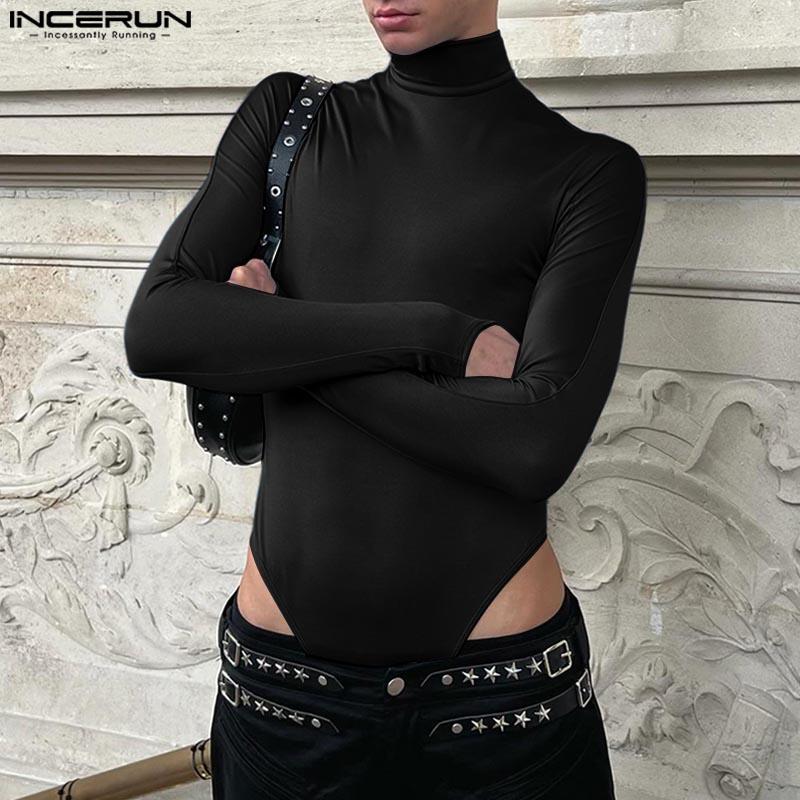 INCERUN Men Mockneck Long Sleeve Fitted Jumpsuits Solid Romper Bodysuits