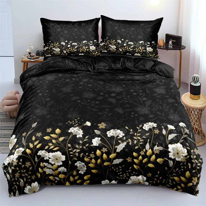3D Design Flower Duvet Cover Sets King Queen Twin Size Floral Print Bedding Set Bedroom Decor Dark Gold Flowers for Girls Women
