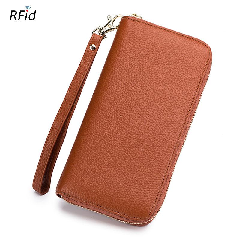Genuine Leather Women's Wallet RFID Blocking Women Card Holder Luxury Cowhide Long Zipper Wallets Fashion Phone Bag Coin Purse