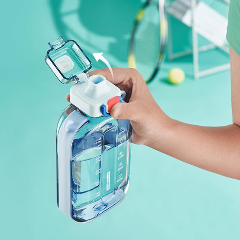 Square Flat Transparent Portable Water Bottle with adjustable strap lightweight for hiking school travel office