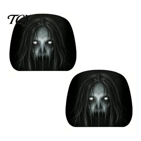 Funny Prank Car Accessories 2Pcs Ghost Face Headrest Covers, Halloween Horror Seat Decorations, Holiday Atmosphere Decor Universal Fit