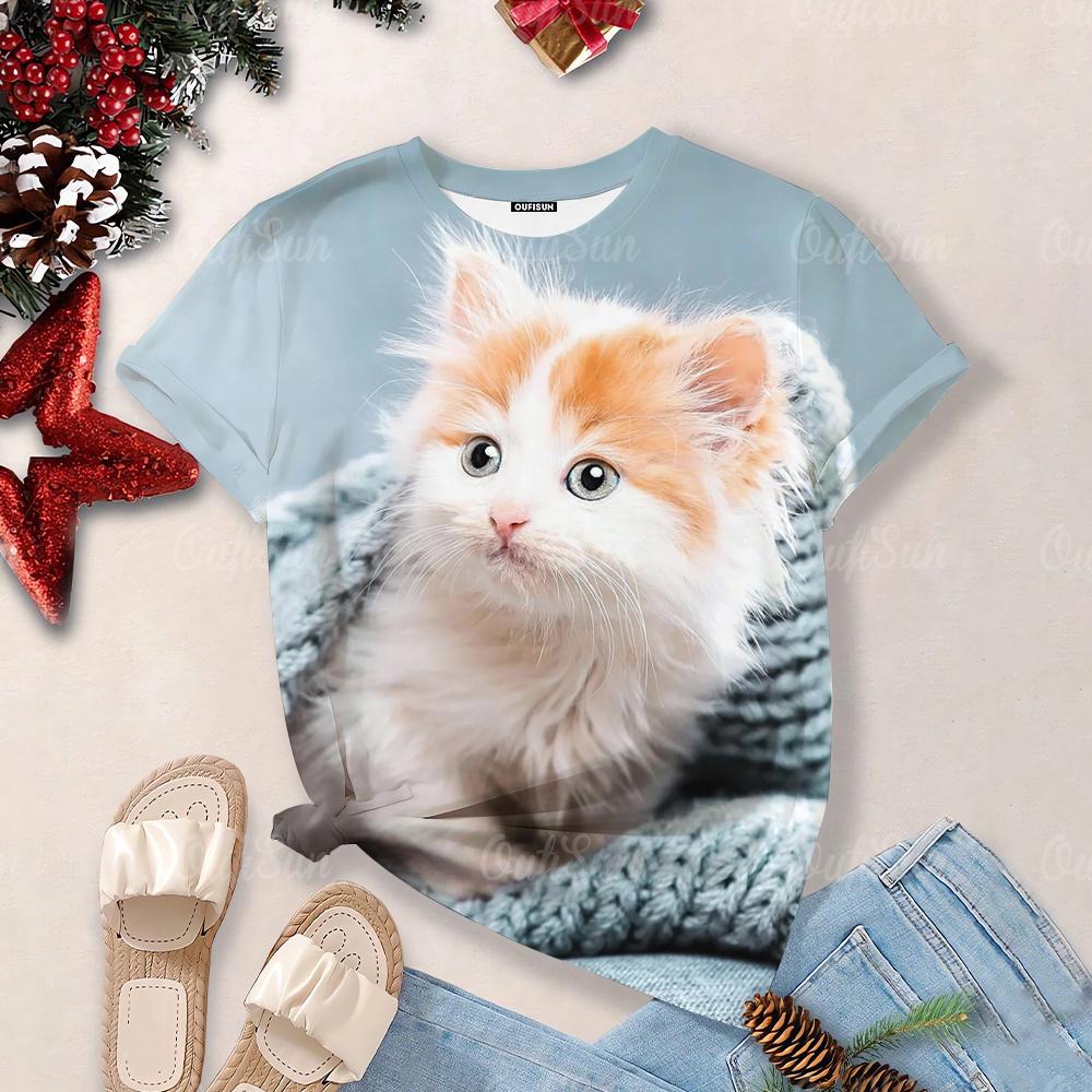 Футболки Overzise для женщин 2024, футболки с круглым вырезом и короткими рукавами с 3d принтом милого кота, топы, кавайные повседневные футболки, эстетические женские топы