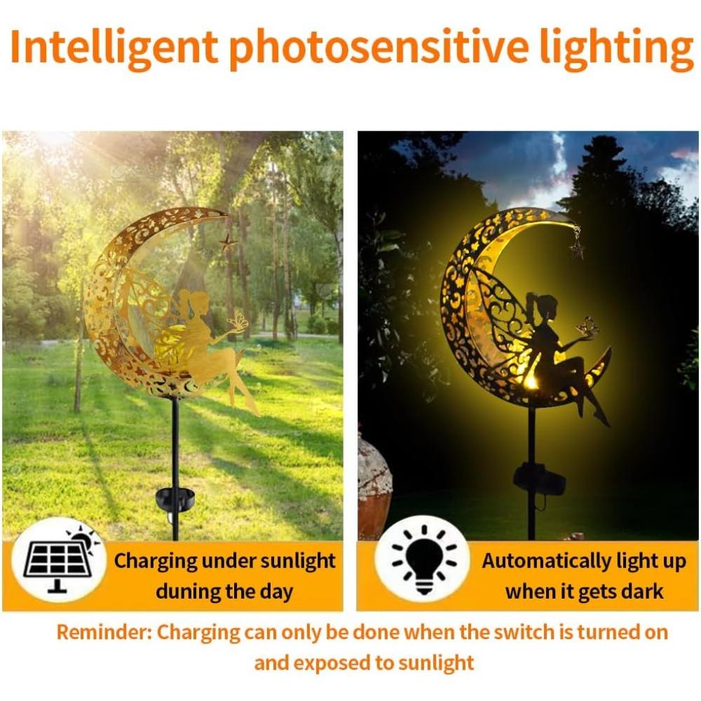 Solar Moon Flower Fairy Light, garden decoration wrought iron beautiful fairy ground light, wireless LED waterproof light from dusk to dawn. 1 piece