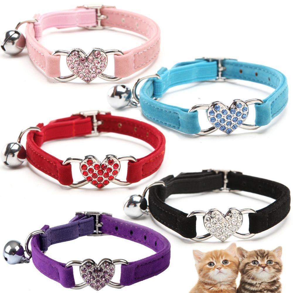 Puppy Elastic Cat Kitty Bell Heart Shape Pet Necklacce Dog Collar Velvet