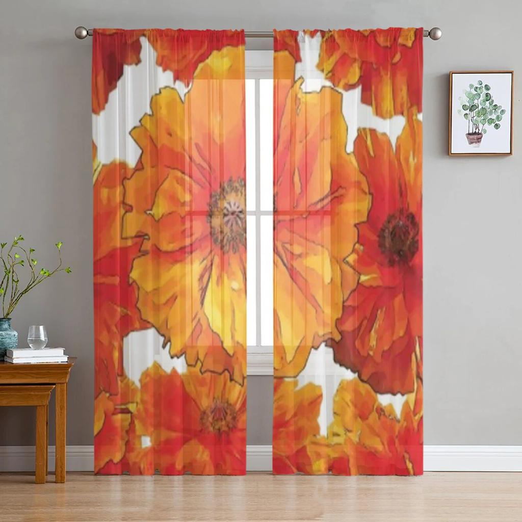 Молодежные прозрачные шторы для спальни в стиле ретро, ​​красные маки, кухонные шторы для учебы, гостиной, праздничный декор, тюлевые шторы