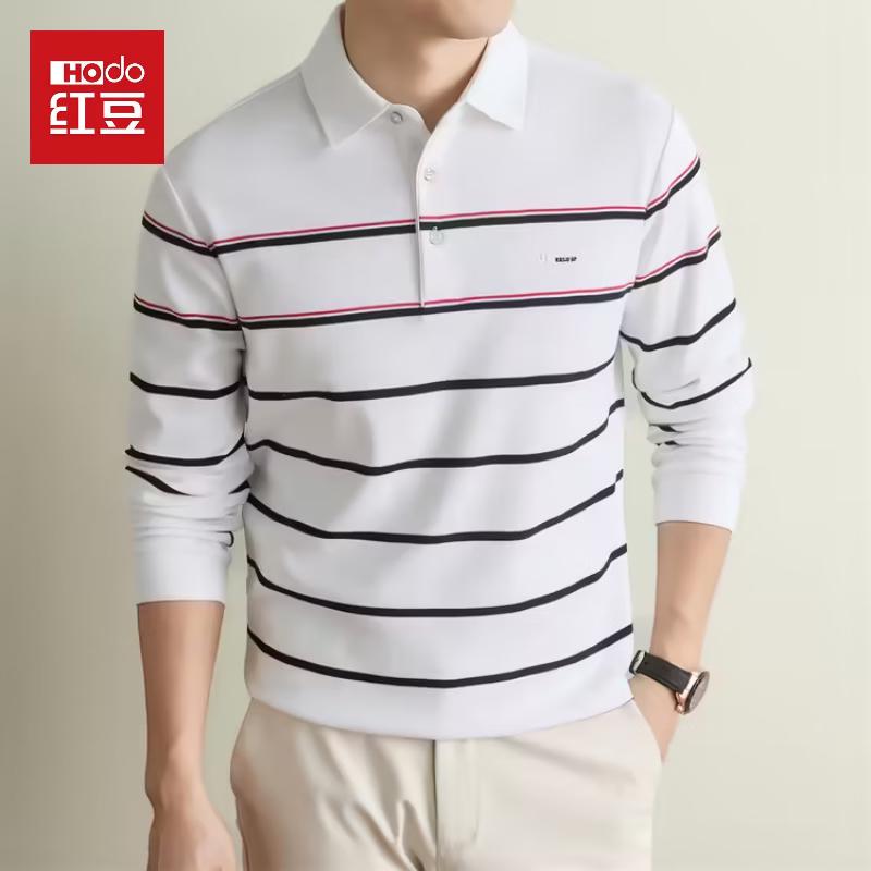 Hongdou Men's Long-Sleeve Striped Polo Shirt