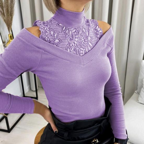 Модный женский пуловер с кружевной лоскутной рубашкой с открытыми плечами и длинными рукавами