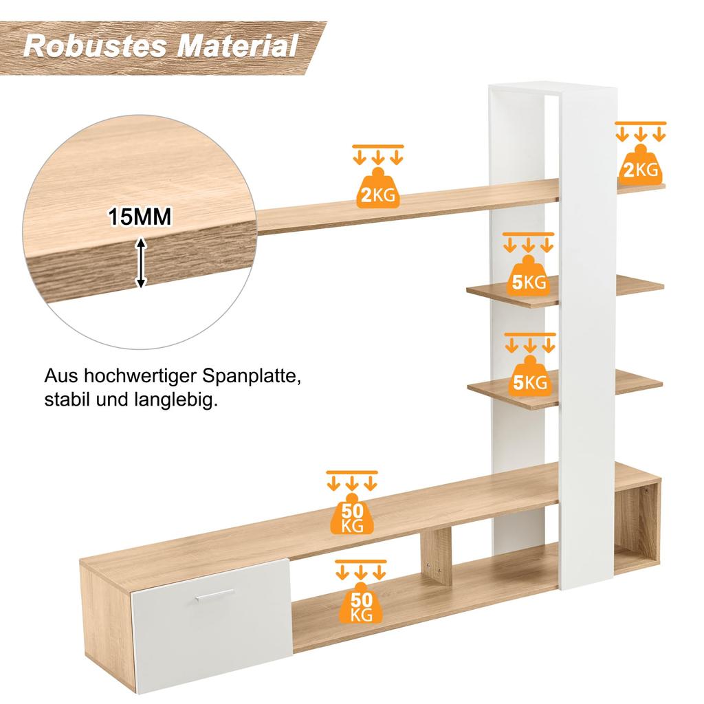 Living Room Wall Unit, Living Room Furniture Set, 1x TV Lowboard, Wall Shelf, Complete, Elegant Media Wall, Ample Storage Space, 60 Inch TVs, White & Wood Color