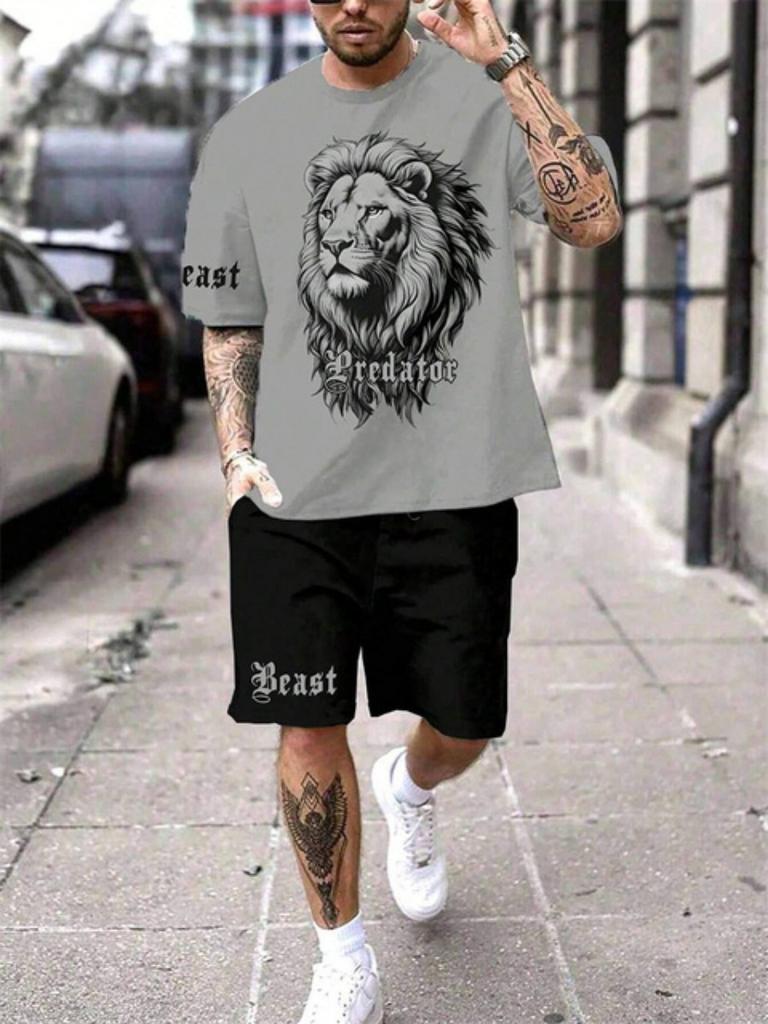 Новый комплект из двух предметов: футболка с круглым вырезом и коротким рукавом, модные шорты с принтом льва 3D, шорты с коротким рукавом, мужской летний спортивный комплект из 2 предметов