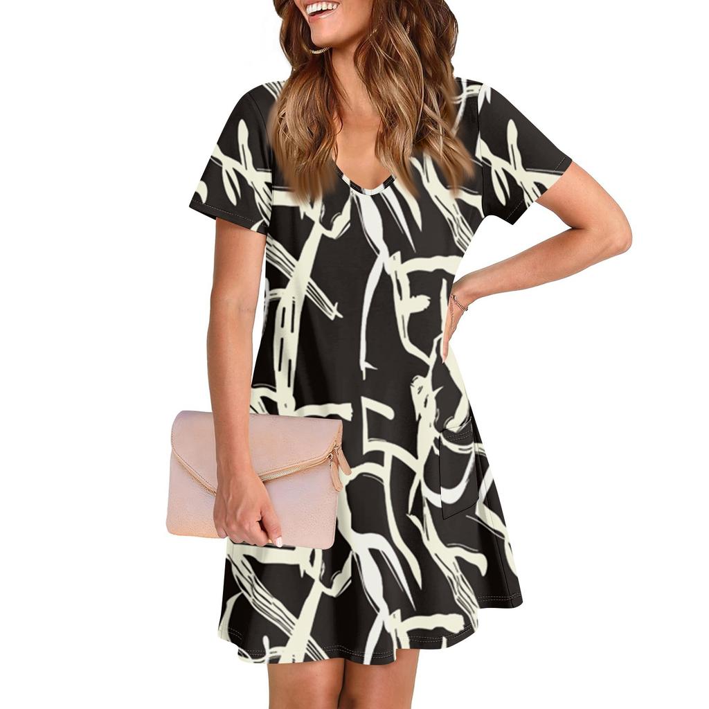 Женское повседневное и модное платье средней длины с V-образным вырезом и коротким рукавом с принтом