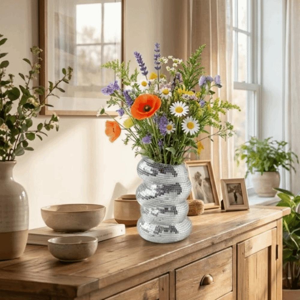 Plastic Disco Ball Spiral Vase Silver Mirror Vase Creative Glass Tiles Flower Bottle  Living Room