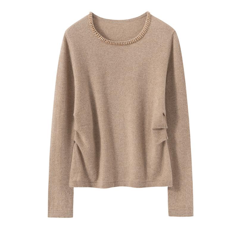 Crew Neck Diamond Waist Design Cashmere Sweater New Versatile Pullover Loose Casual Knitted Cashmere Sweater