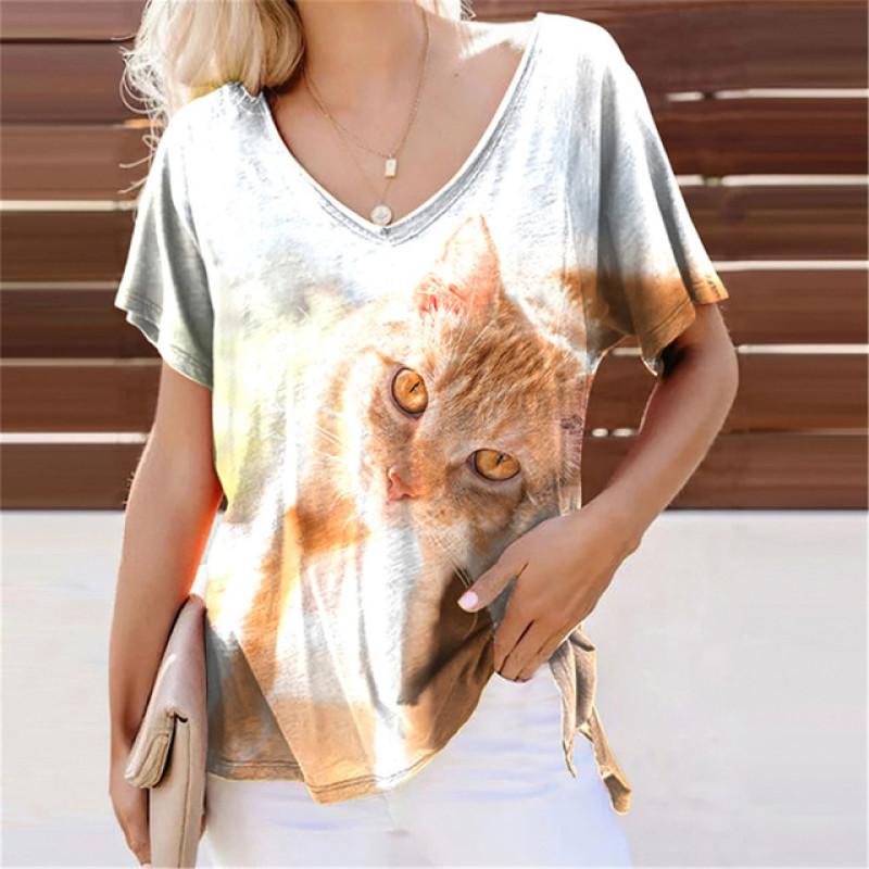 Повседневная аниме повседневная сексуальная милая цифровая футболка с 3D принтом кота, женский топ, свободные футболки с короткими рукавами и v-образным вырезом, женские топы, одежда