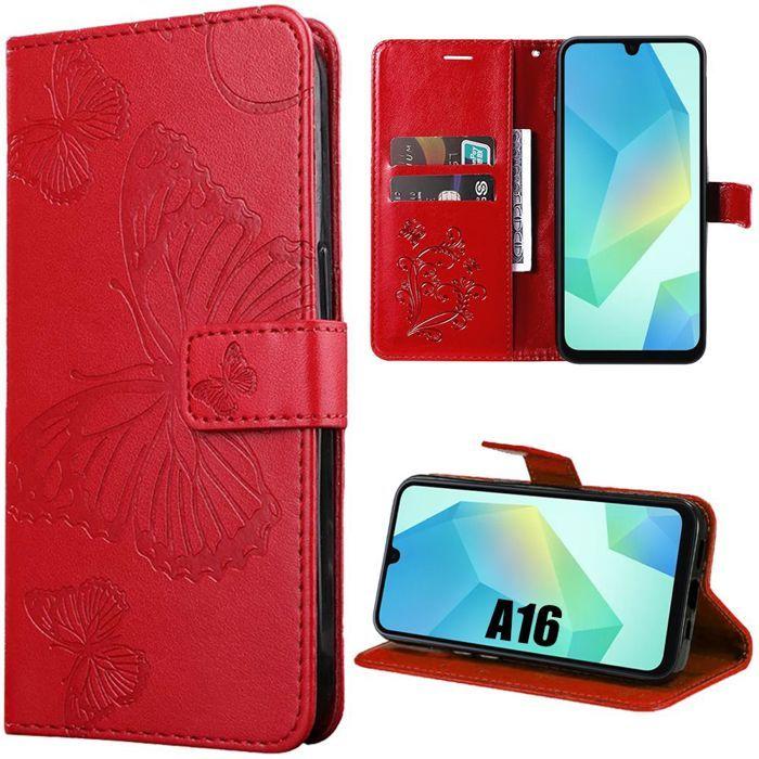Coque de protection - BOOLING - pour Samsung Galaxy A16 5G/4G - Effet cuir rouge - Motif papillon - Antichoc