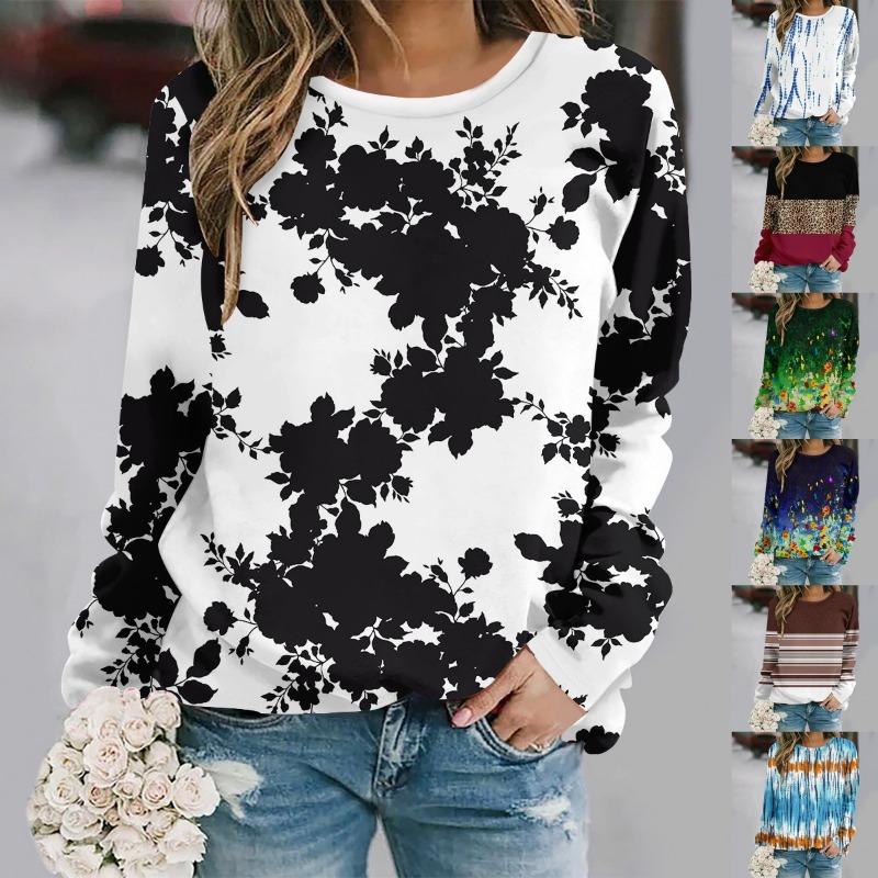 Fashion Floral 3D Print Crew Neck Long Sleeve T-Shirt Casual Women Clothing Y2k Clothes Harajuku Female Clothing Plus Size Tops